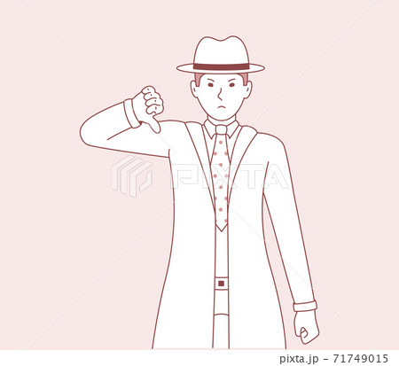 Vector illustration of a man who shows a gesture of disagreement and negative emotions on his face. Men detective cartoon art 71749015