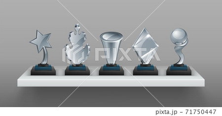 Realistic bookshelf with trophies. 3D transparent glass awards on black stands. Blank winner prizes, creative or scientific competition cups. Sport champion reward. Vector victory set 71750447
