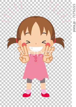 ダブルピースで大喜びする満面の笑みの可愛い小さな女の子のイラスト素材