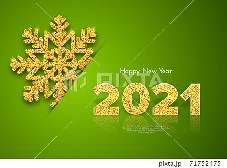 Golden numbers 2021 with reflection and shadow on green background. Holiday gift card Happy New Year with shining snowflake. Celebration decor. Vector template illustration 71752475