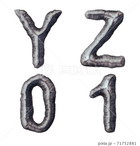 Set of capital letters Y, Z and number 0, 1 made of forged metal isolated on white background. 3d Set of capital letters Y, Z and number 0, 1 made of forged metal isolated on white background. 3d 71752881
