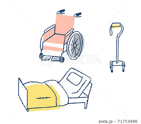 介護用品 車いすと介護用ベッドと歩行器のイラスト素材