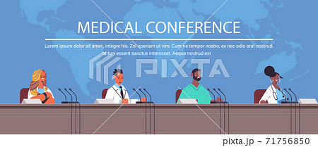 team of mix race doctors giving speech at tribune with microphone on medical conference medicine healthcare 71756850
