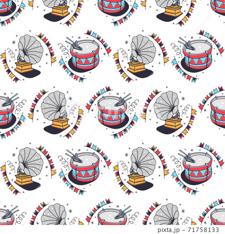 Drums and gramophones. Seamless pattern on a white background. Cute vector illustration. Drums and gramophones. Seamless pattern on a white background. Cute vector illustration. 71758133