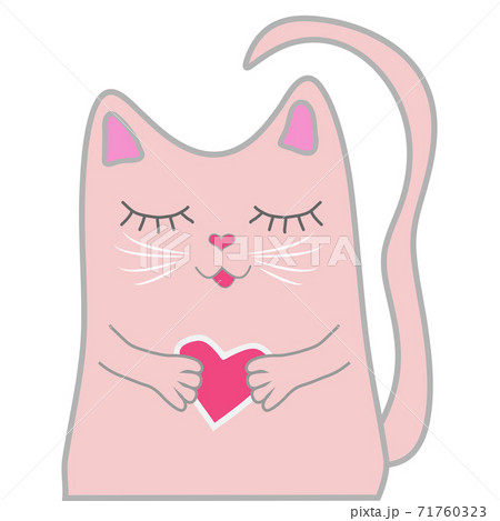 Funny pink cat closed his eyes and holds a heart in his paws. Cute girl concept Funny pink cat closed his eyes and holds a heart in his paws. Cute girl concept 71760323