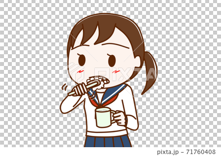 ゴシゴシと歯ブラシで歯を磨く女子学生のイラスト素材