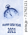 Happy New year 2021, 2021 New Year greeting card  in English language, pocket watch in snow, countdown to midnight 71762121