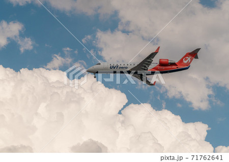 Russia. Krasnodar region. A passenger plane comes in to land from the Black sea at the airport in Gelendzhik. Russia. Krasnodar region. A passenger plane comes in to land from the Black sea at the airport in Gelendzhik. 71762641