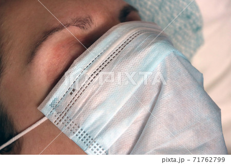 Woman medical masks. Wearing face mask because of air pollution in the city sick PM2.5. Medical surgical flu illness protective mask textile. Prevent corona virus. new name COVID-19. 71762799