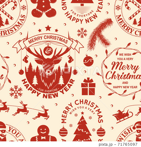 Merry Christmas and 2021 Happy New Year seamless pattern with snowflakes, hanging christmas ball, santa hat, candy Vector illustration. Christmas background with new year emblem in retro style. 71765097