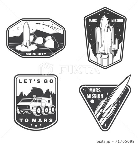 Set of space mission logo, badge, patch. Vector Concept for shirt, print, stamp. Vintage typography design with space rocket, mars rover and city on mars silhouette 71765098