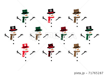 Snowman with hat, scarf, carrot and face. No bodies. Vector drawing set isolated on white in funny Snowman with hat, scarf, carrot and face. No bodies. Vector drawing set isolated on white in funny 71765287
