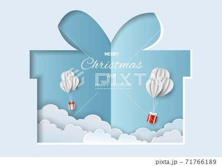 Merry Christmas and Happy new year greeting card,gift boxes flying in the air on paper cut background 71766189