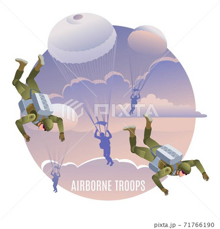 Airborne troops on mission. Background of the clouds sky at sunset. Illustration isometric icons on isolated background 71766190