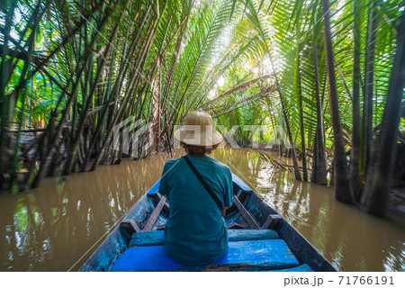 Boat tour in the Mekong River Delta region, Ben Tre, South Vietnam. Tourist with vietnamese hat on cruise in the water canals through coconut palm trees plantation. 71766191