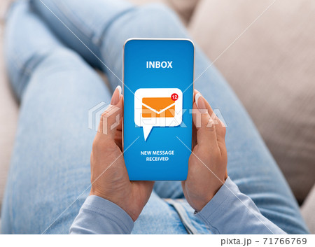 Collage with woman receiving new emails on her smartphone, close up of hands. Modern business technologies concept 71766769