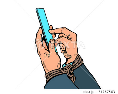 Men hands with a smartphone. Tied hands. Internet addiction Men hands with a smartphone. Tied hands. Internet addiction 71767563