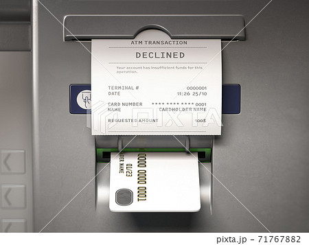 ATM machine and receipt with text declined for insufficient funds on account. ATM machine and receipt with text declined for insufficient funds on account. 71767882