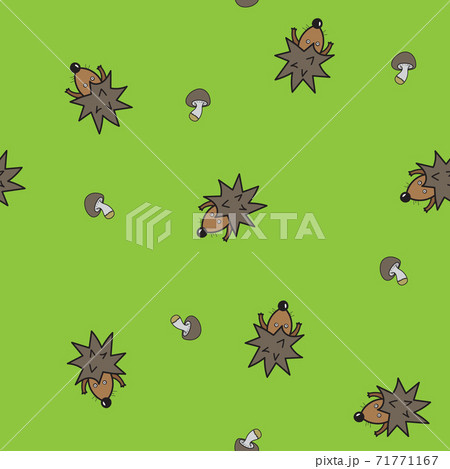 Vector illustration, hedgehog on a green background, top view, geometric seamless pattern 71771167