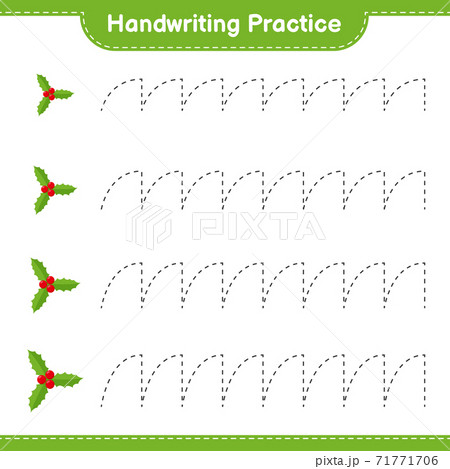 Handwriting practice. Tracing lines of Holly Berries. Educational children game, printable worksheet, vector illustration Handwriting practice. Tracing lines of Holly Berries. Educational children game, printable worksheet, vector illustration 71771706