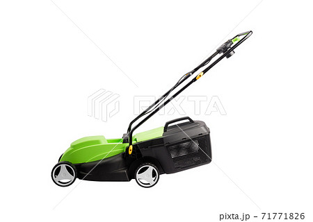Green lawn mower with wheels, side view 71771826