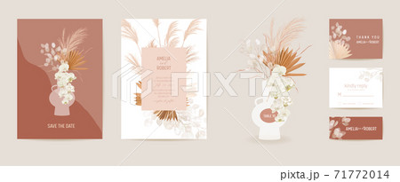 Wedding dried lunaria, orchid, pampas grass floral Card. Vector Exotic dried flowers, palm leaves boho invitation Wedding dried lunaria, orchid, pampas grass floral Card. Vector Exotic dried flowers, palm leaves boho invitation 71772014