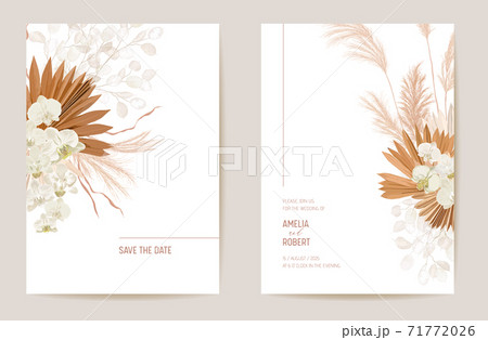 Wedding dried lunaria, orchid, pampas grass floral Save the Date set. Vector exotic dry flower, palm leaves 71772026