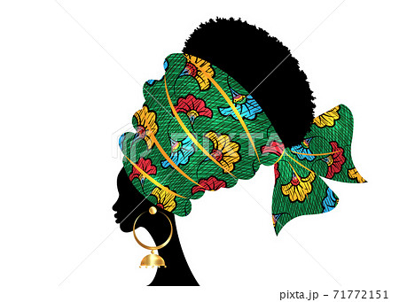 portrait beautiful African woman in traditional turban handmade tribal motif wedding flowers, Kente head wrap African with ethnic earrings, black women Afro curly hair, vector silhouette isolated portrait beautiful African woman in traditional turban handmade tribal motif wedding flowers, Kente head wrap African with ethnic earrings, black women Afro curly hair, vector silhouette isolated 71772151