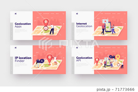 Navigation Positioning Landing Page Template Set. Tiny Characters at Huge Location Map, People Use Online Application Navigation Positioning Landing Page Template Set. Tiny Characters at Huge Location Map, People Use Online Application 71773666