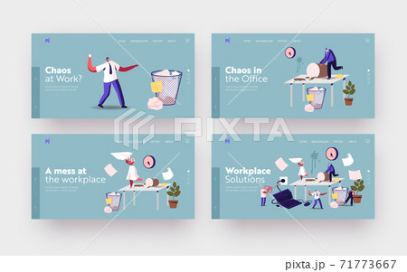 Anxious Business Characters in Chaos Workplace Landing Page Template Set. Deadline, Stressed Workers Hurry with Job 71773667