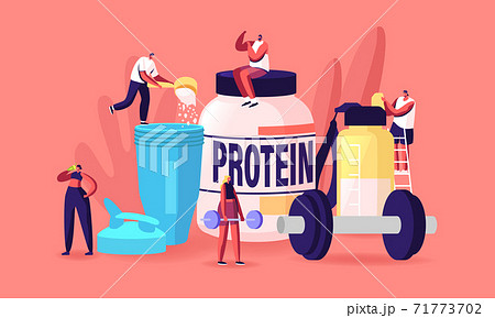 Tiny Characters Drinking Protein Cocktails from Shaker. Sportive Nutrition, Healthy Lifestyle. People Pumping Muscles 71773702