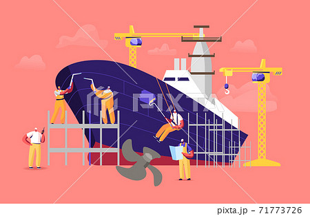 Shipbuilding Concept. Engineer Male Characters Assembling Nautical Vessel Stand on Scaffold in Dock Welding and Painting Shipbuilding Concept. Engineer Male Characters Assembling Nautical Vessel Stand on Scaffold in Dock Welding and Painting 71773726