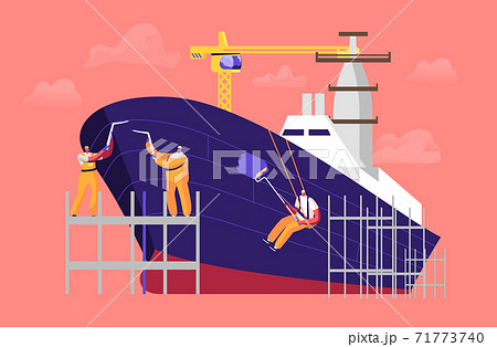 Shipbuilding Concept. Engineer Male Characters Welding and Painting Board Assembling Nautical Vessel on Scaffold in Dock Shipbuilding Concept. Engineer Male Characters Welding and Painting Board Assembling Nautical Vessel on Scaffold in Dock 71773740