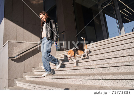 Woman comes down the stairs with a beagle Woman comes down the stairs with a beagle 71773883