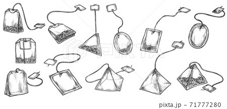 Tea beverage bag with label isolated sketch set Tea beverage bag with label isolated sketch set 71777280