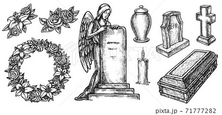 Funeral ritual service attribute sketch set on white 71777282