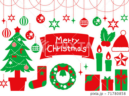 シンプル可愛いクリスマスイラストセット（赤緑） 71780858