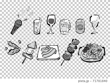 宴会やパーティーのお酒やおつまみ マイクのモノクロセットのイラスト素材