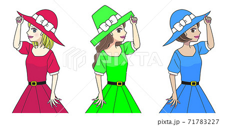 色違いの服を着て帽子を持つポーズをする若い女性3人のイラスト素材