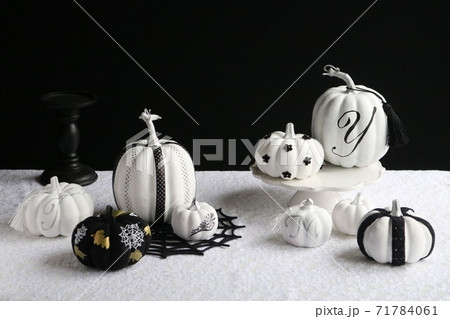 ハロウィン黒背景シックな白カボチャ9個ディスプレイ横の写真素材