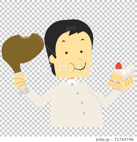 チキンとケーキをたらふく食べる男性のイラスト素材