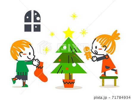 ヨーロッパ風のクリスマスの待ちどおしいこどもたちのイラスト 71784934