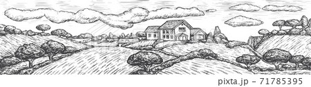 Engraved rustic landscape with house, field, tree 71785395