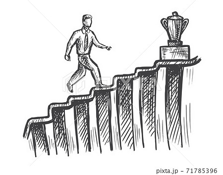 Man walk up stairs to trophy career growth sketch Man walk up stairs to trophy career growth sketch 71785396