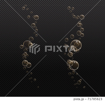 Gold fizzy bubbles. Sparkles champagne. Fizzy pop and effervescent drink. Abstract fresh soda and air bubbles, oxygen, champagne crystal. Vector illustration on black transparent background. Gold fizzy bubbles. Sparkles champagne. Fizzy pop and effervescent drink. Abstract fresh soda and air bubbles, oxygen, champagne crystal. Vector illustration on black transparent background. 71785623
