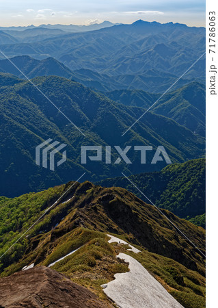 谷川岳・西黒尾根の登りから見る上州武尊山と日光白根山 71786063