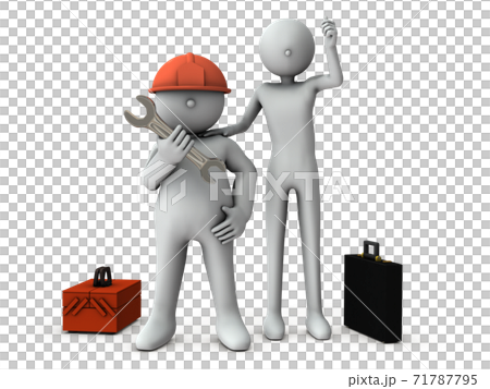 Well-built craftsmen and tall sales staff. White background. 3D rendering. Well-built craftsmen and tall sales staff. White background. 3D rendering. 71787795