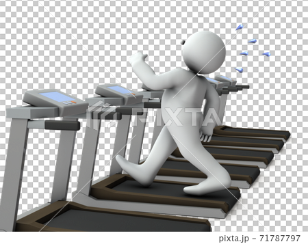An obese man who runs painfully on a treadmill. White background. 3D rendering. An obese man who runs painfully on a treadmill. White background. 3D rendering. 71787797