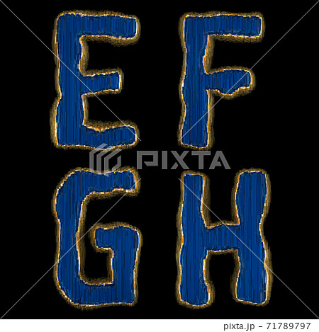Set of alphabet letters E, F, G, H made of industrial metal blue color. Isolated black background. 3d 71789797