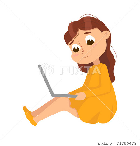 Cute Little Sitting on Floor Using Laptop Computer, Online Education or Courses, Kid Programmer Character Cartoon Style Vector Illustration 71790478